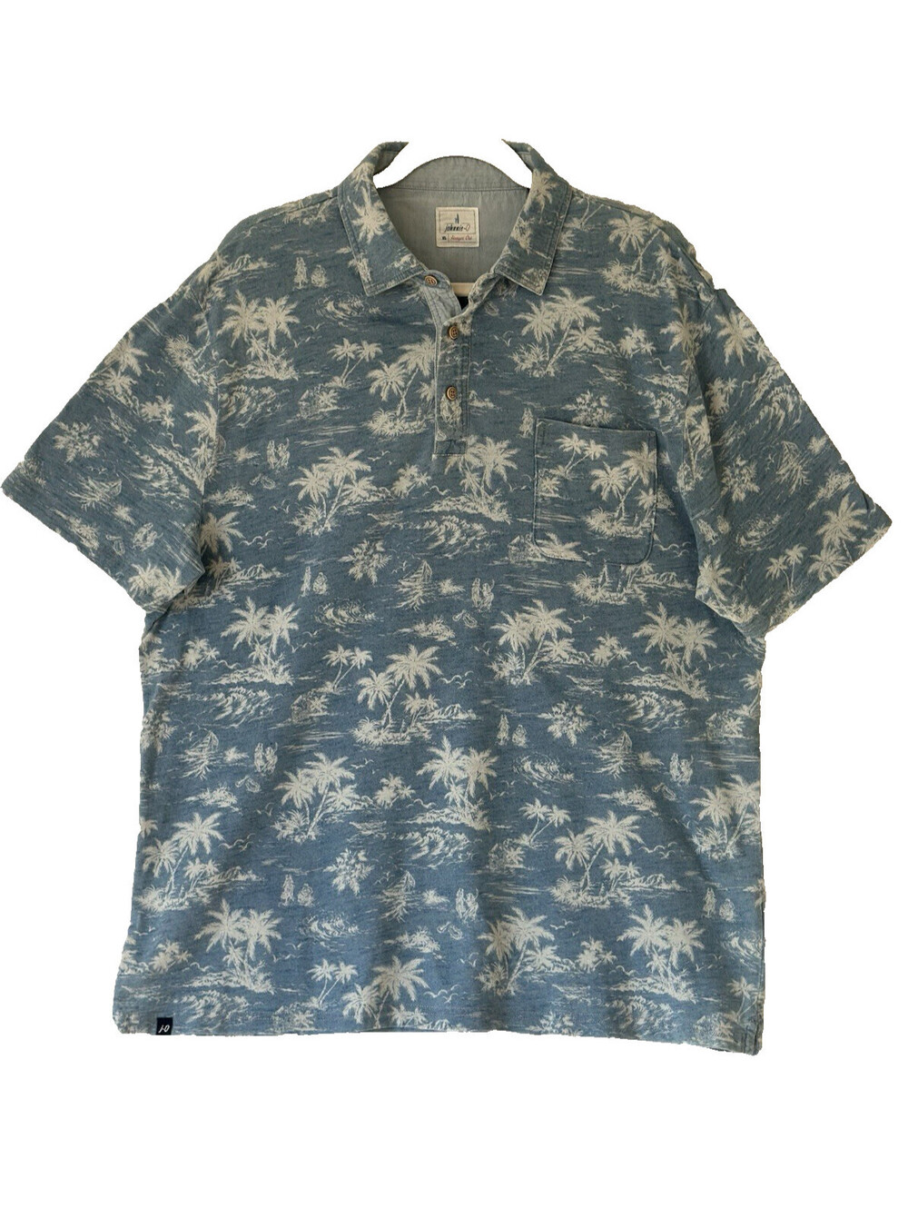 Johnnie-O Polo Shirt Mens XL Blue Palm Tree Print Hangin' Out Casual Tropical